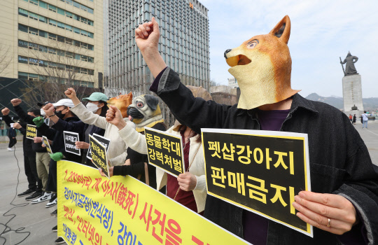 국제 강아지의 날인 23일 서울 광화문광장에서 한국동물보호연합 관계자 등이 양평 개 1,000여마리 아사 사건의 책임자를 규탄하며 강아지 공장 폐쇄 촉구 기자회견을 하고 있다.  연합뉴스